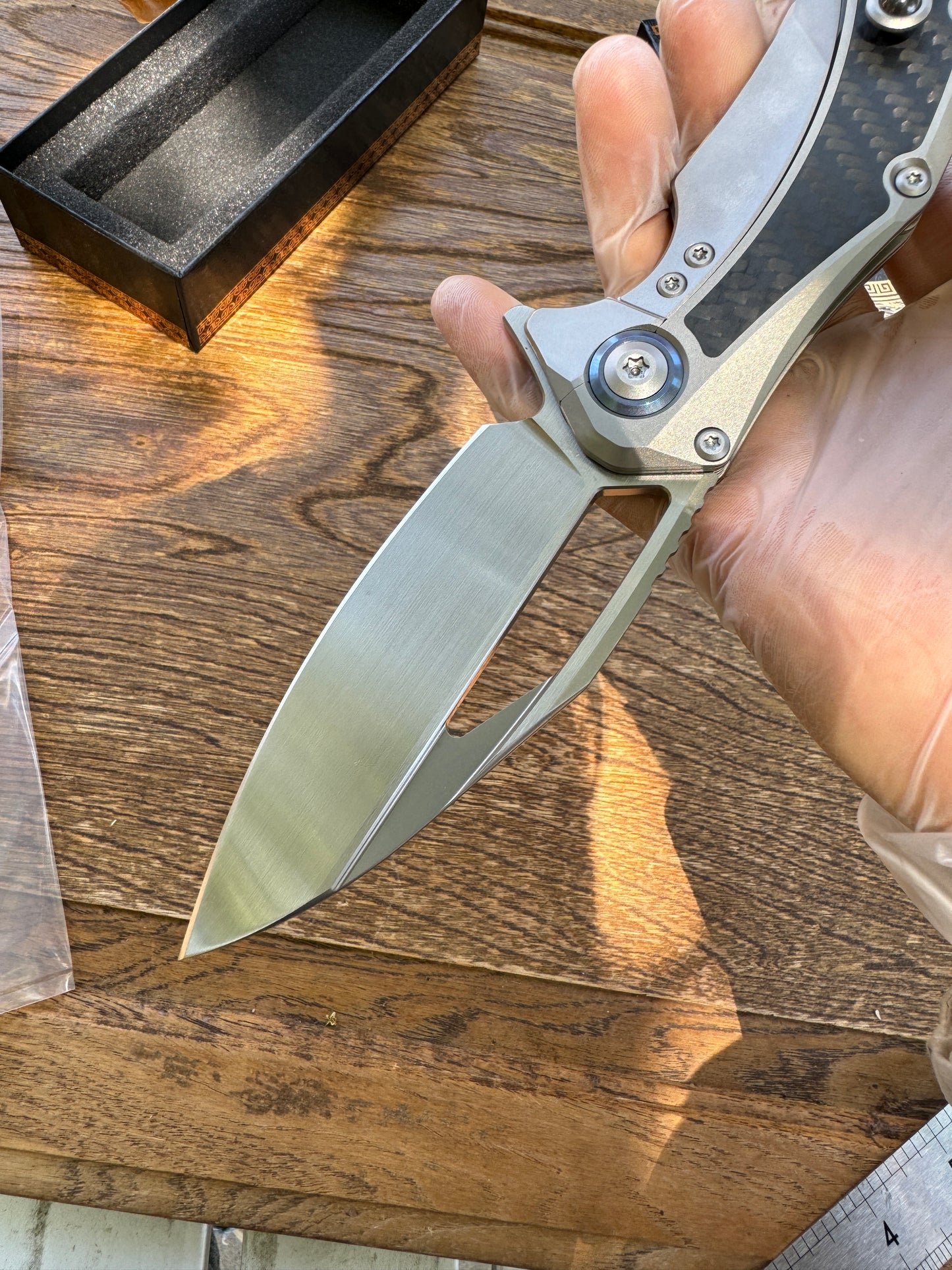Microtech Matrix Manual Folding Knife 3.77" M390 Hand Rubbed Modified Sheepsfoot Plain Blade, Titanium Handles with Carbon Fiber Inlays, Reversible Clip, Frame Lock - 165C-4CFITI