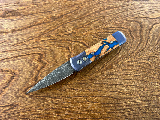 Pro-Tech Godson 2023 Custom 005 Blue Anodized Titanium Handle w/ River Table Wood Inlay Vegas Forge Damascus Blade Mosaic Button