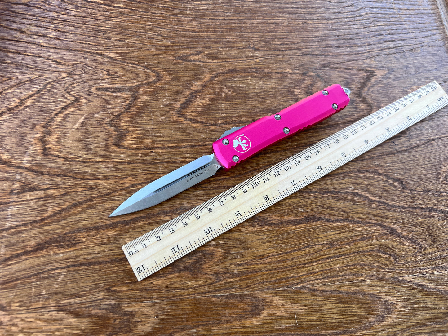 Microtech 122-10PK Ultratech AUTO OTF 3.46" Stonewashed Double Edge Dagger Blade, Pink Aluminum Handles