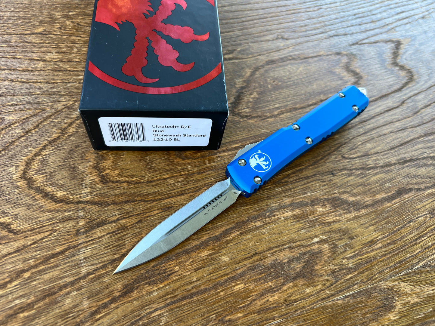 Microtech 122-10BL Ultratech AUTO OTF 3.46" Stonewashed Double Edge Dagger Blade, Blue Aluminum Handles