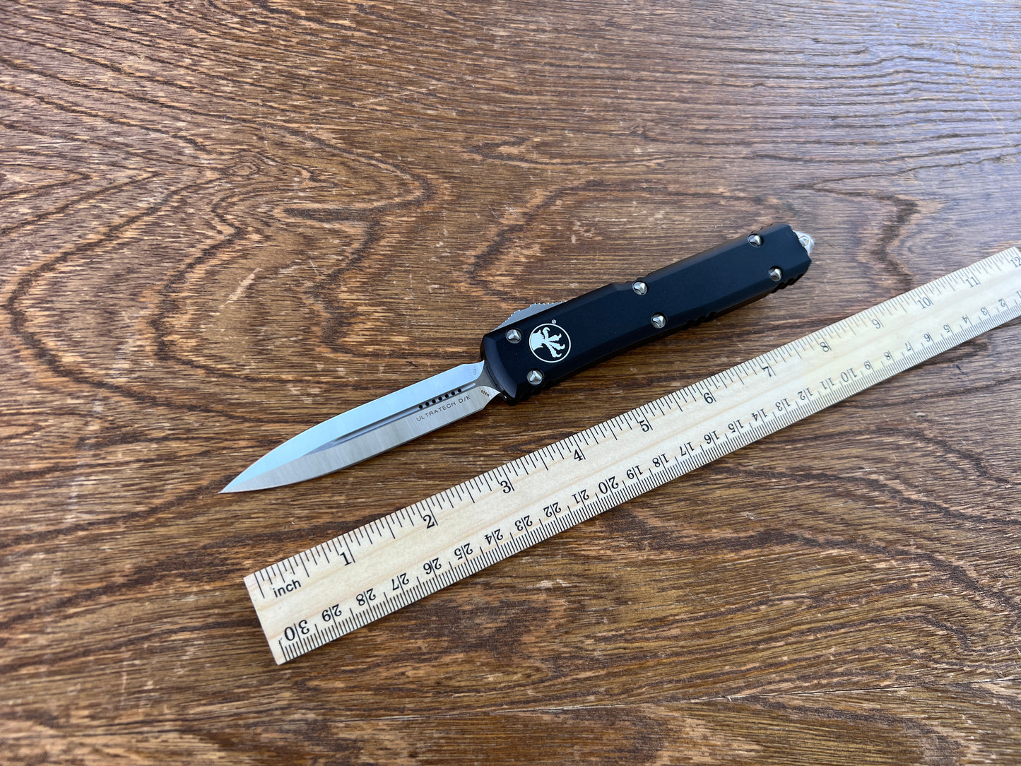 Microtech 122-4 Ultratech AUTO OTF Knife 3.46" Satin Double Edge Dagger Blade, Black Aluminum Handles