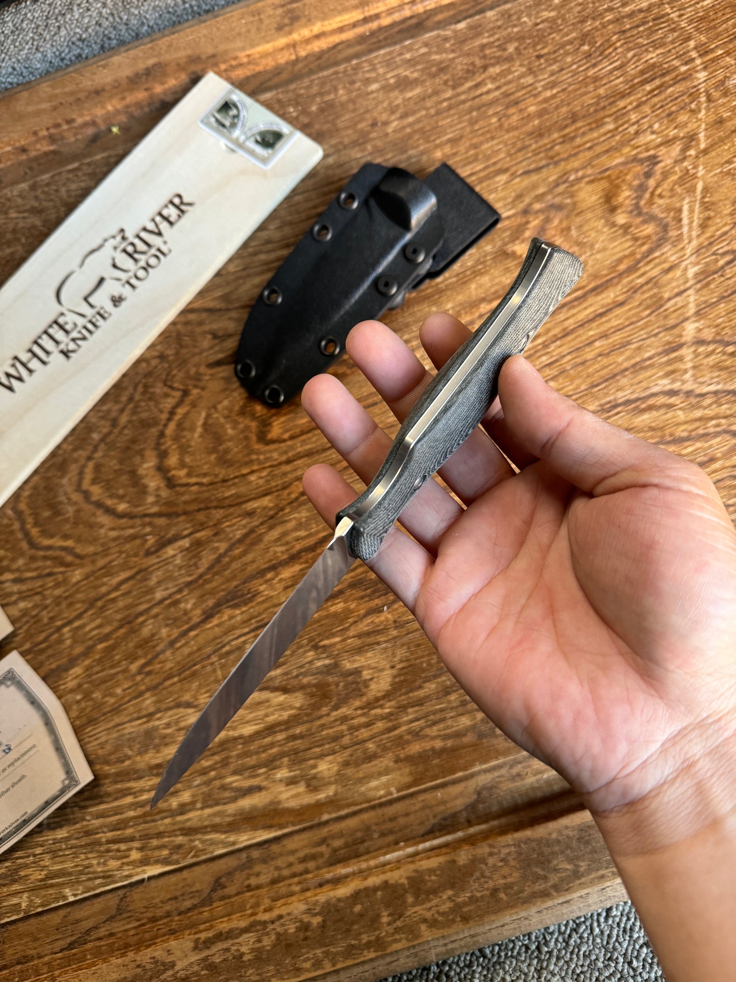 White River Knives Hunter Fixed Blade Knife 3.5" S35VN Stonewashed, Black/OD Green Linen Micarta Handles, Kydex Sheath - WRHNT-LBO