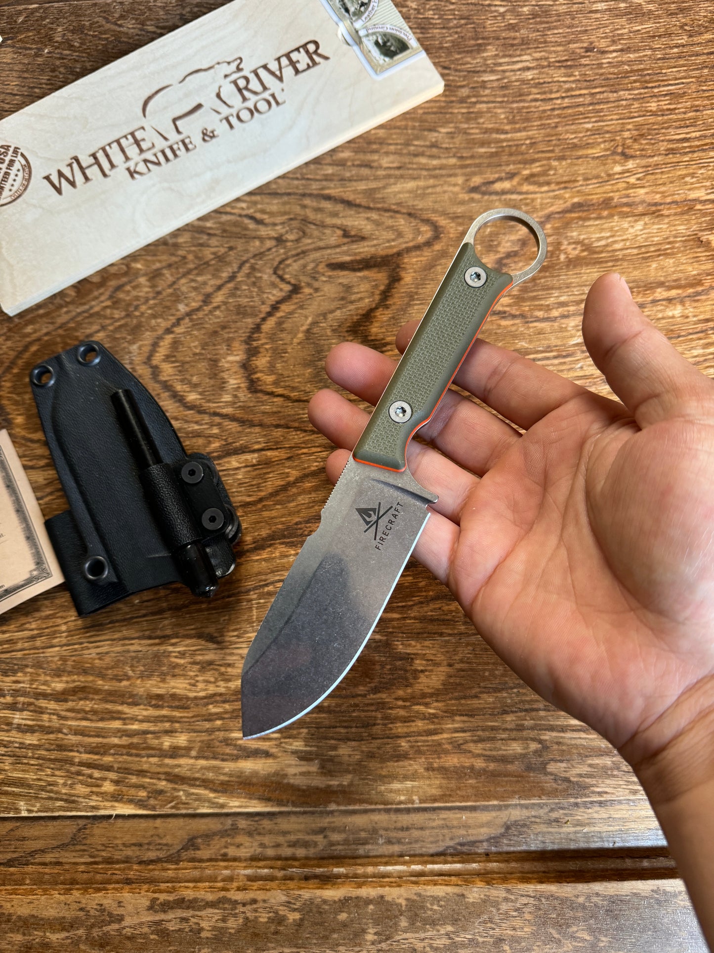 White River Knives Firecraft FC3.5 Pro Fixed Blade Knife 3.5" S35VN Stonewashed, Textured Green and Orange G10 Handles, Black Kydex Sheath - WRFC-3.5-PRO-TGO